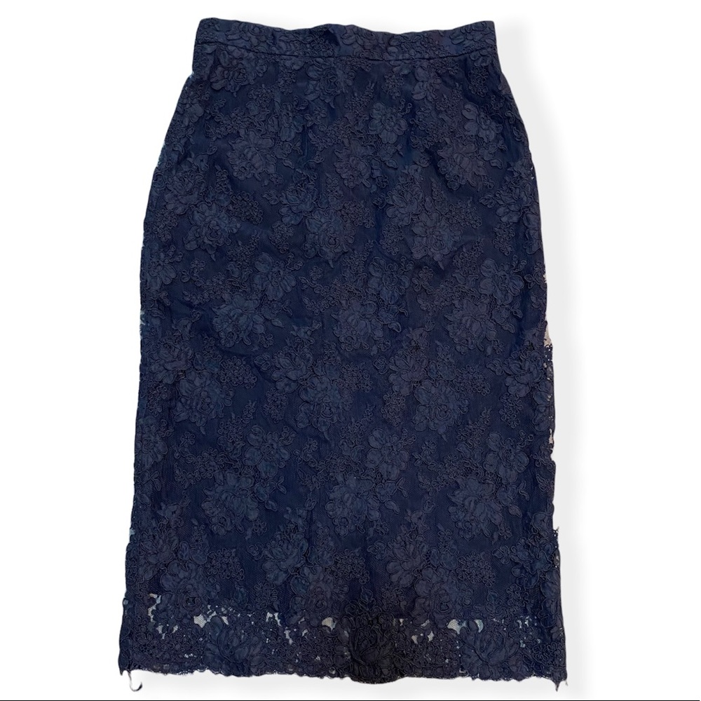 Monique Lhuillier Pencil Skirt Blue Lace Womens Size 12 Made in USA